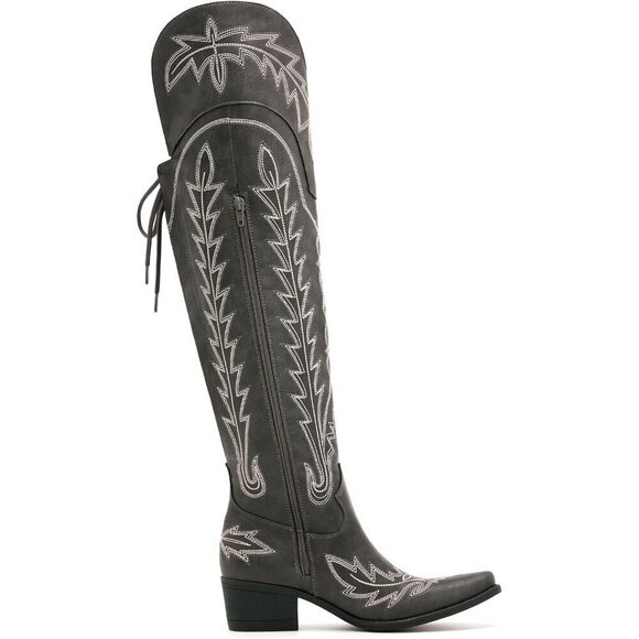 Embroidered Lace up Cowgirl Boots Grey Faux Leather Over the Knee Small Heels - Picture 4 of 7